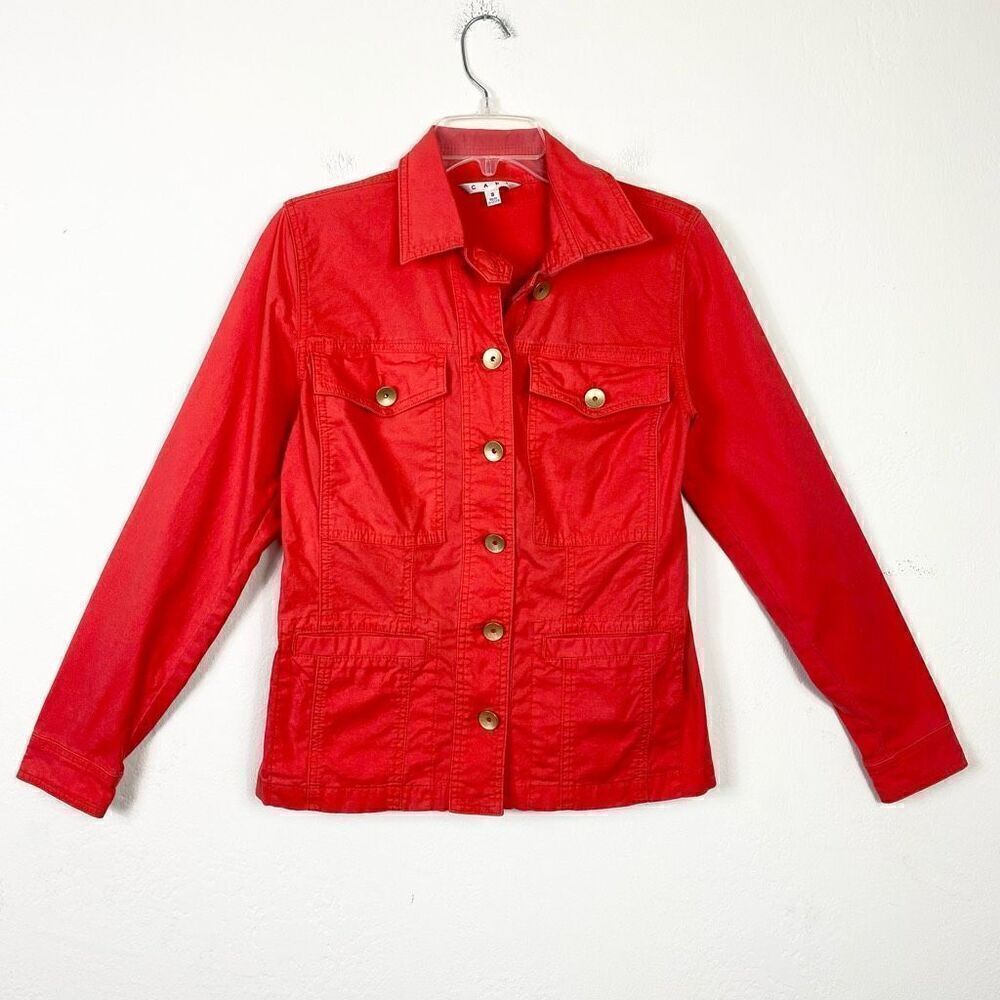 Cabi Taylor Ruffle Back Red Orange Military Button Up Jacket Style #727 Size S